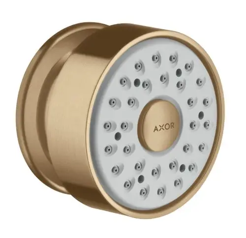 Runde Brause mit mehreren Wasserdüsen in einer gebürsteten Bronzeoberfläche, entworfen von Hansgrohe, für die Verwendung in Duschsystemen.